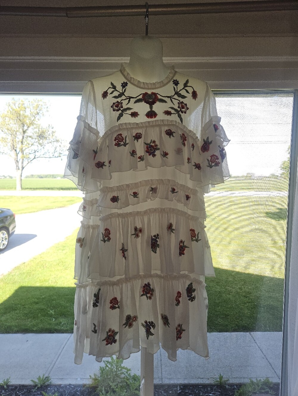 ZARA Boho Embroidered Floral Ruffle White Mini Dress - Picture 2 of 16